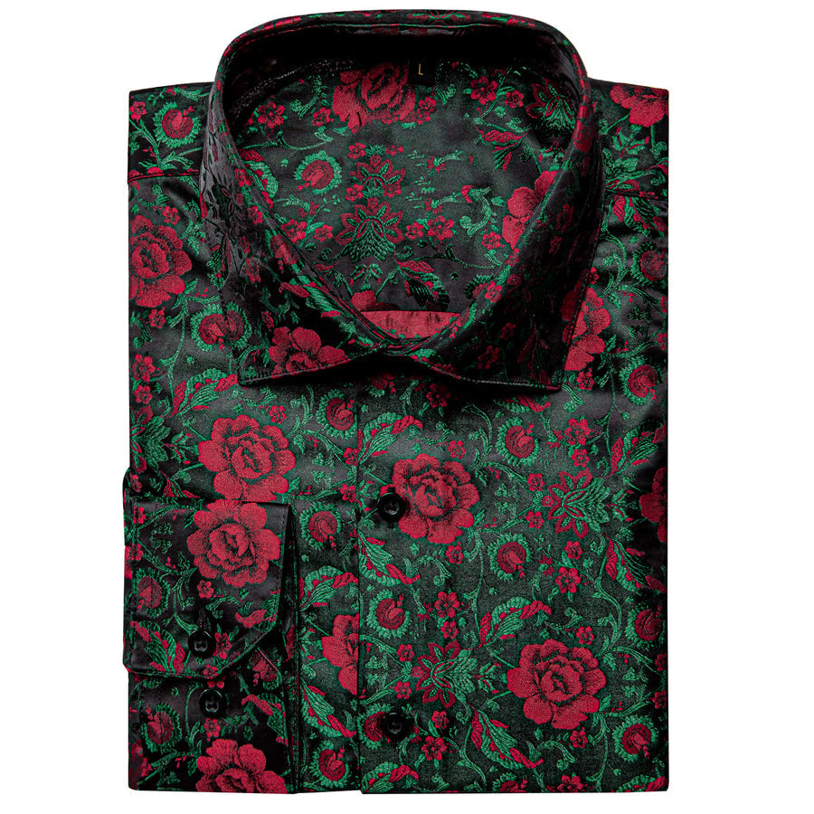 Dark Green Red Floral Silk Dress Shirt shirt    - Sophisticated Gentlemen