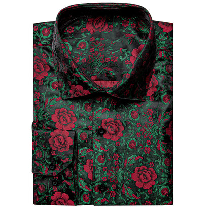 Dark Green Red Floral Silk Dress Shirt shirt    - Sophisticated Gentlemen