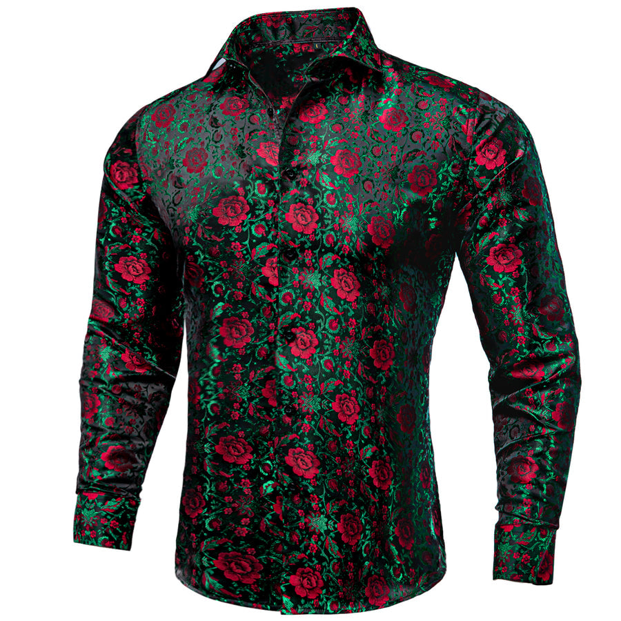 Dark Green Red Floral Silk Dress Shirt shirt S   - Sophisticated Gentlemen