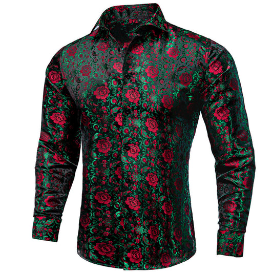 Dark Green Red Floral Silk Dress Shirt shirt S   - Sophisticated Gentlemen