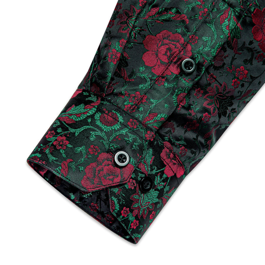 Dark Green Red Floral Silk Dress Shirt shirt    - Sophisticated Gentlemen