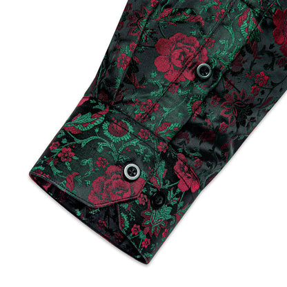 Dark Green Red Floral Silk Dress Shirt shirt    - Sophisticated Gentlemen