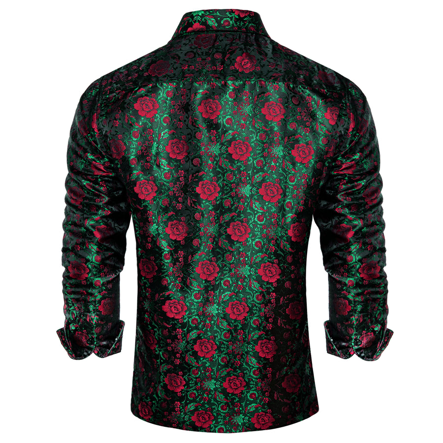 Dark Green Red Floral Silk Dress Shirt shirt    - Sophisticated Gentlemen