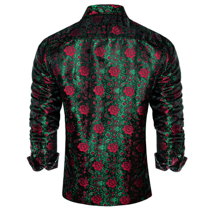 Dark Green Red Floral Silk Dress Shirt shirt    - Sophisticated Gentlemen