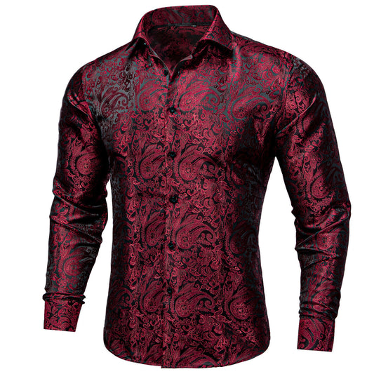 Dark Red Paisley Silk Shirt shirt S   - Sophisticated Gentlemen