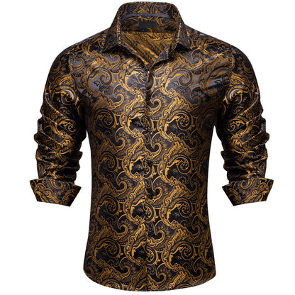Black Brown Paisley Silk Dress Shirt shirt S   - Sophisticated Gentlemen