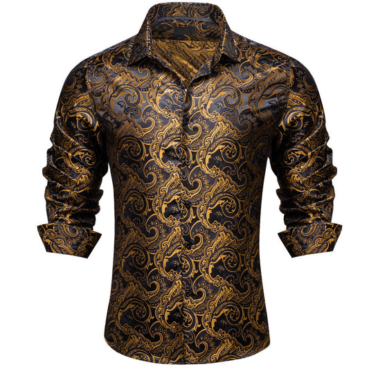 Black Brown Paisley Silk Dress Shirt shirt S   - Sophisticated Gentlemen