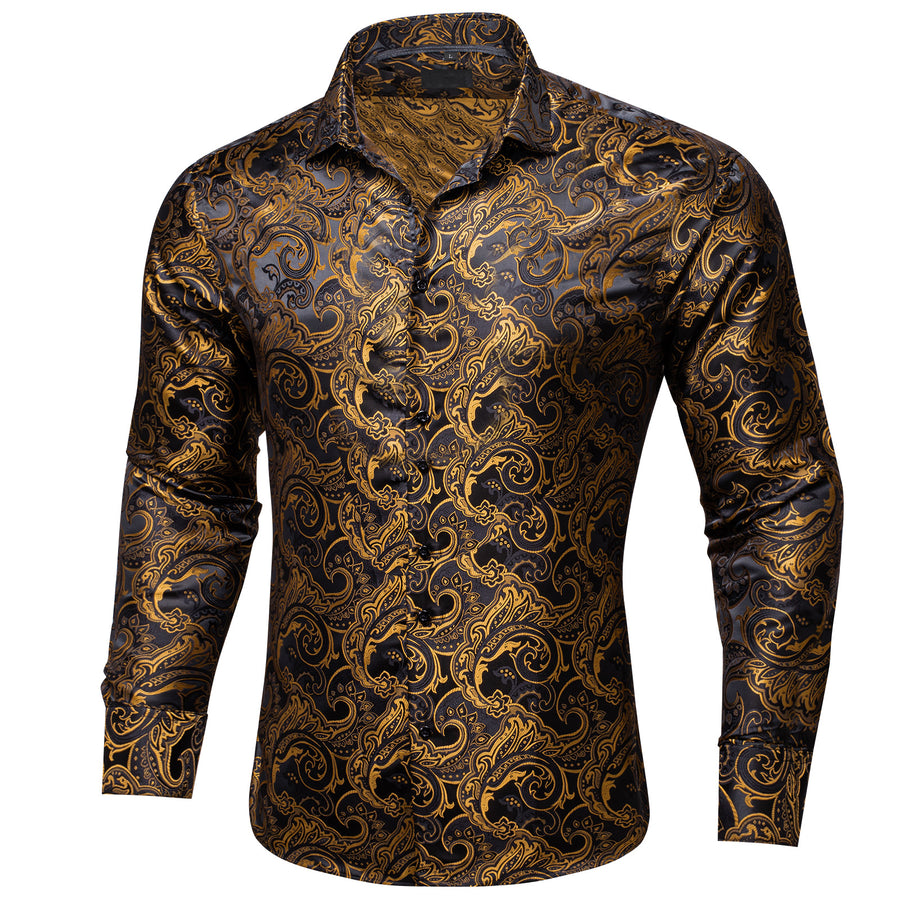 Black Brown Paisley Silk Dress Shirt shirt    - Sophisticated Gentlemen
