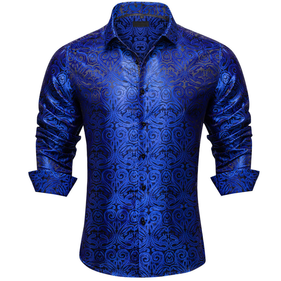 Dark Blue Paisley Silk Dress Shirt shirt S   - Sophisticated Gentlemen