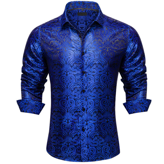 Dark Blue Paisley Silk Dress Shirt shirt S   - Sophisticated Gentlemen