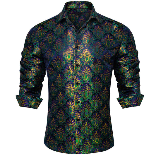 Green Purple Paisley Silk Dress Shirt shirt S   - Sophisticated Gentlemen