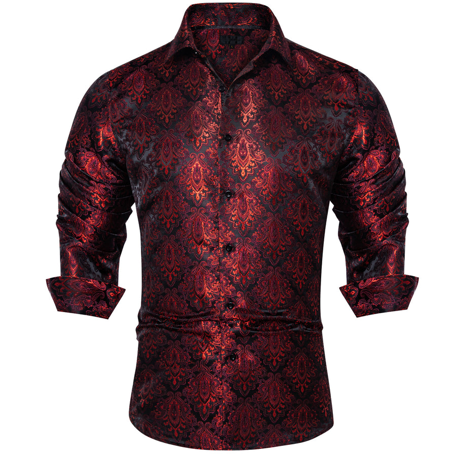 Red Black Paisley Silk Dress Shirt shirt S   - Sophisticated Gentlemen