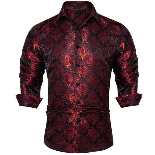 Red Black Paisley Silk Dress Shirt shirt S   - Sophisticated Gentlemen