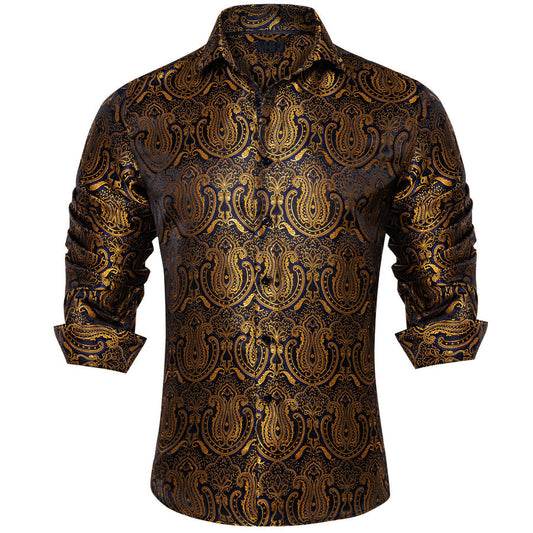 Golden Black Paisley Silk Dress Shirt shirt S   - Sophisticated Gentlemen