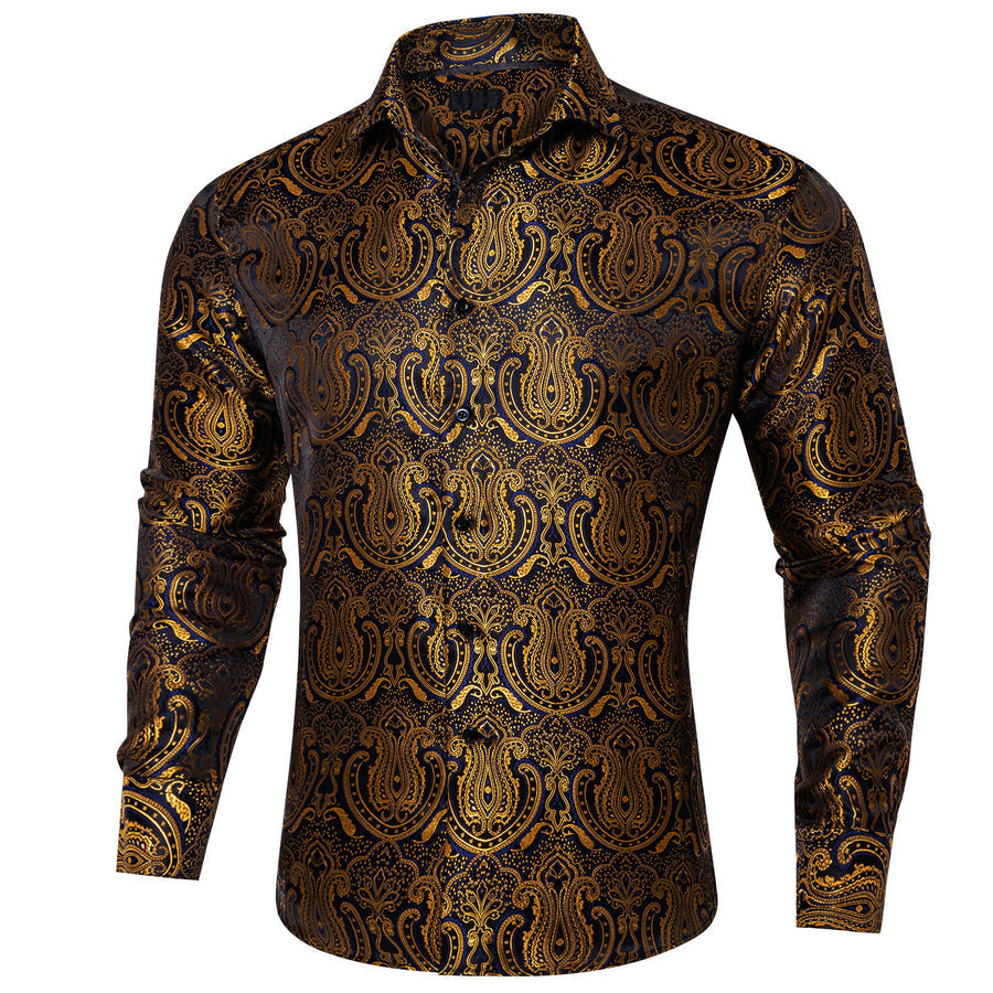 Golden Black Paisley Silk Dress Shirt shirt    - Sophisticated Gentlemen