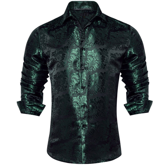 Green Black Floral Silk Dress Shirt shirt S   - Sophisticated Gentlemen
