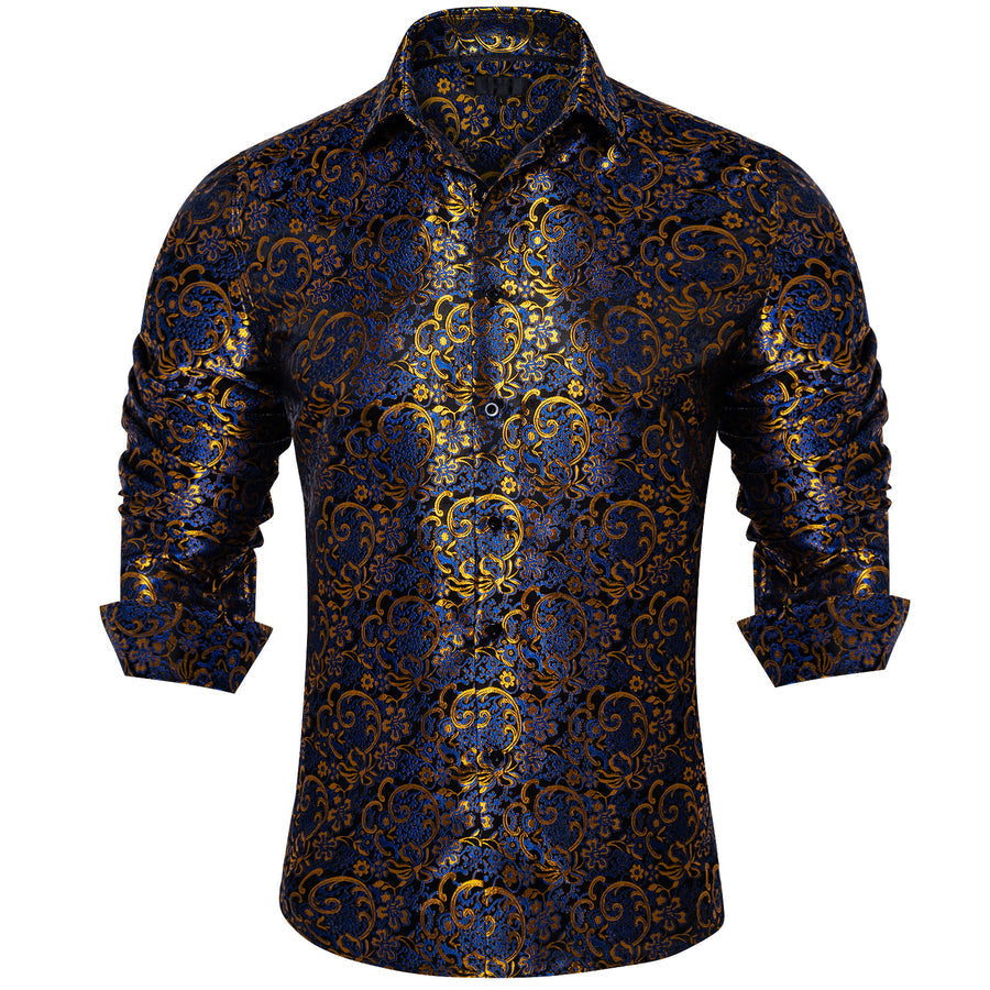 Blue Golden Floral Silk Dress Shirt shirt S   - Sophisticated Gentlemen