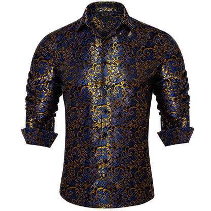 Blue Golden Floral Silk Dress Shirt shirt S   - Sophisticated Gentlemen