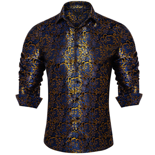 Blue Golden Floral Silk Dress Shirt shirt S   - Sophisticated Gentlemen