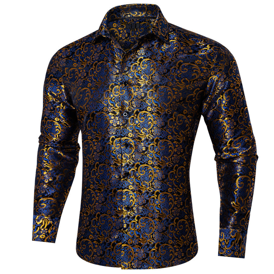 Blue Golden Floral Silk Dress Shirt shirt    - Sophisticated Gentlemen