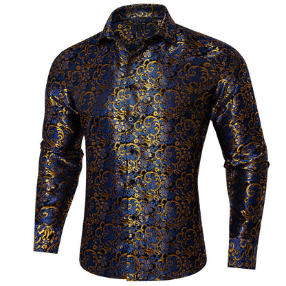 Blue Golden Floral Silk Dress Shirt shirt    - Sophisticated Gentlemen