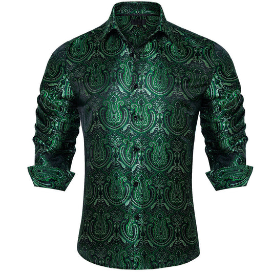 Forest Green Paisley Silk Dress Shirt shirt S   - Sophisticated Gentlemen
