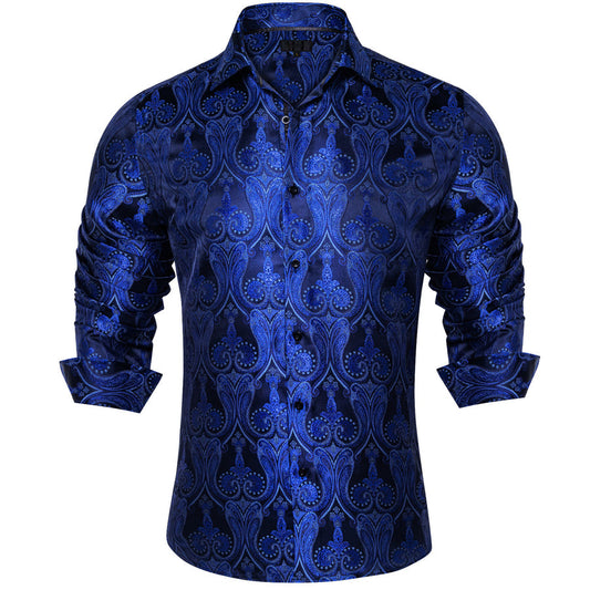 Navy Blue Pailsey Silk Dress Shirt shirt S   - Sophisticated Gentlemen