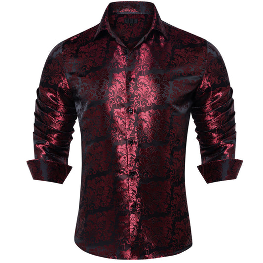 Maroon Floral Silk Dress Shirt shirt S   - Sophisticated Gentlemen
