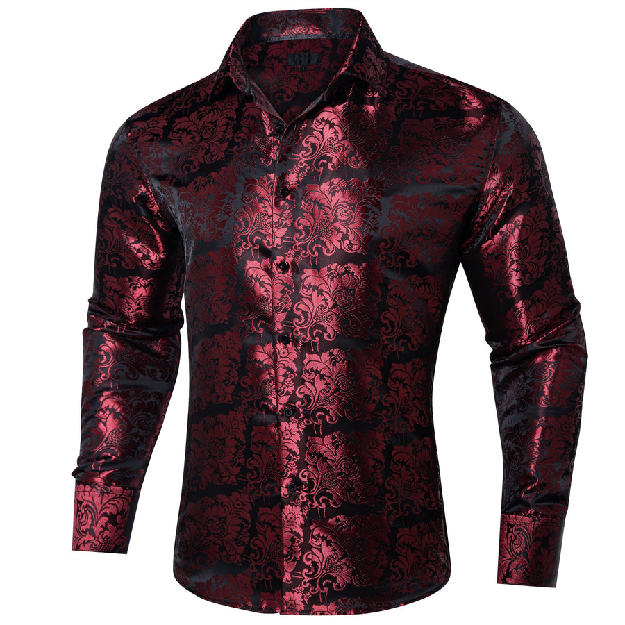 Maroon Floral Silk Dress Shirt shirt    - Sophisticated Gentlemen