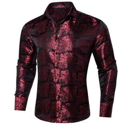Maroon Floral Silk Dress Shirt shirt    - Sophisticated Gentlemen