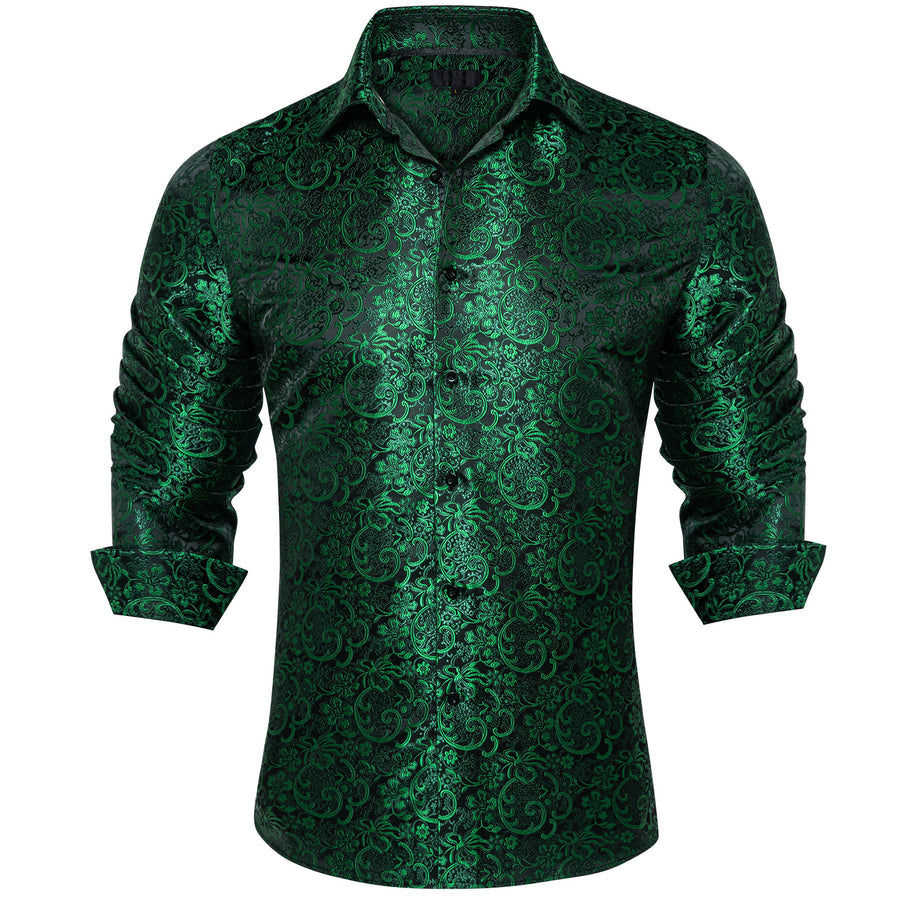 Sapphire Pine Green Floral Silk Dress Shirt shirt S   - Sophisticated Gentlemen