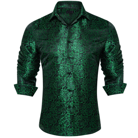 Sapphire Pine Green Floral Silk Dress Shirt shirt S   - Sophisticated Gentlemen