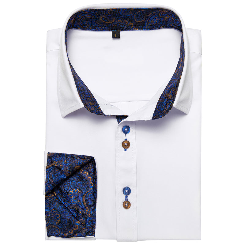 Pure White With Blue Paisley Edge Men's Solid Dress Shirt shirt    - Sophisticated Gentlemen