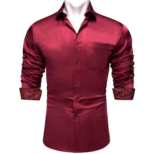 Burgundy Red With Red Paisley Edge Men's Solid Dress Shirt shirt S   - Sophisticated Gentlemen
