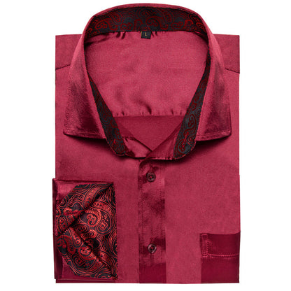 Burgundy Red With Red Paisley Edge Men's Solid Dress Shirt shirt    - Sophisticated Gentlemen