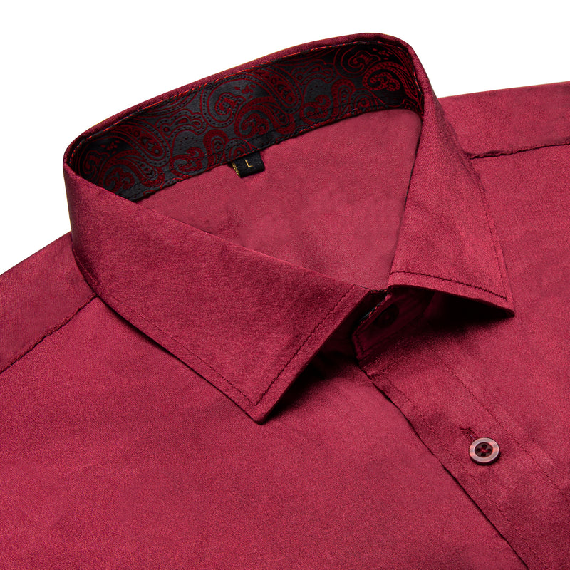 Burgundy Red With Red Paisley Edge Men's Solid Dress Shirt shirt    - Sophisticated Gentlemen