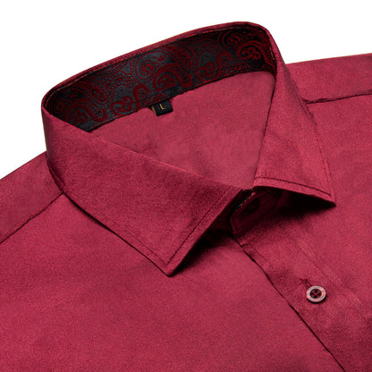 Burgundy Red With Red Paisley Edge Men's Solid Dress Shirt shirt    - Sophisticated Gentlemen