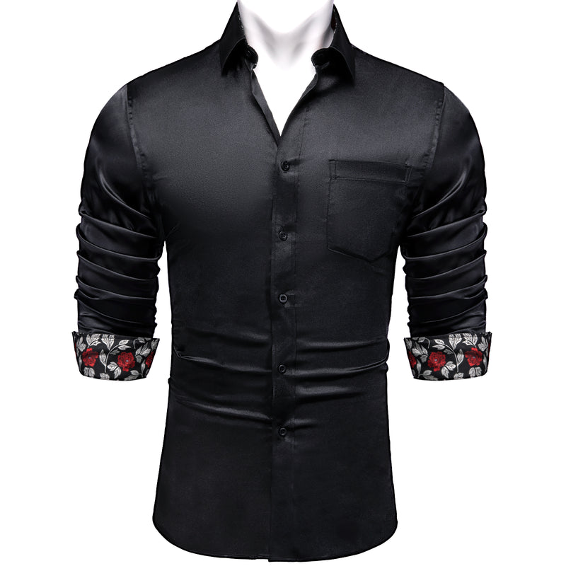 Black With White Floral Edge Men's Solid Dress Shirt shirt S   - Sophisticated Gentlemen