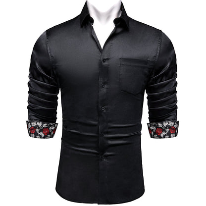 Black With White Floral Edge Men's Solid Dress Shirt shirt S   - Sophisticated Gentlemen