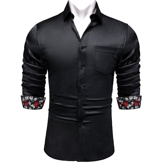 Black With White Floral Edge Men's Solid Dress Shirt shirt S   - Sophisticated Gentlemen