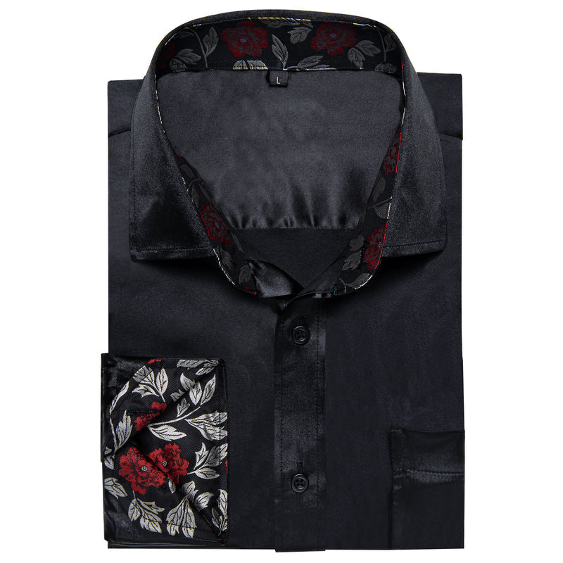 Black With White Floral Edge Men's Solid Dress Shirt shirt    - Sophisticated Gentlemen