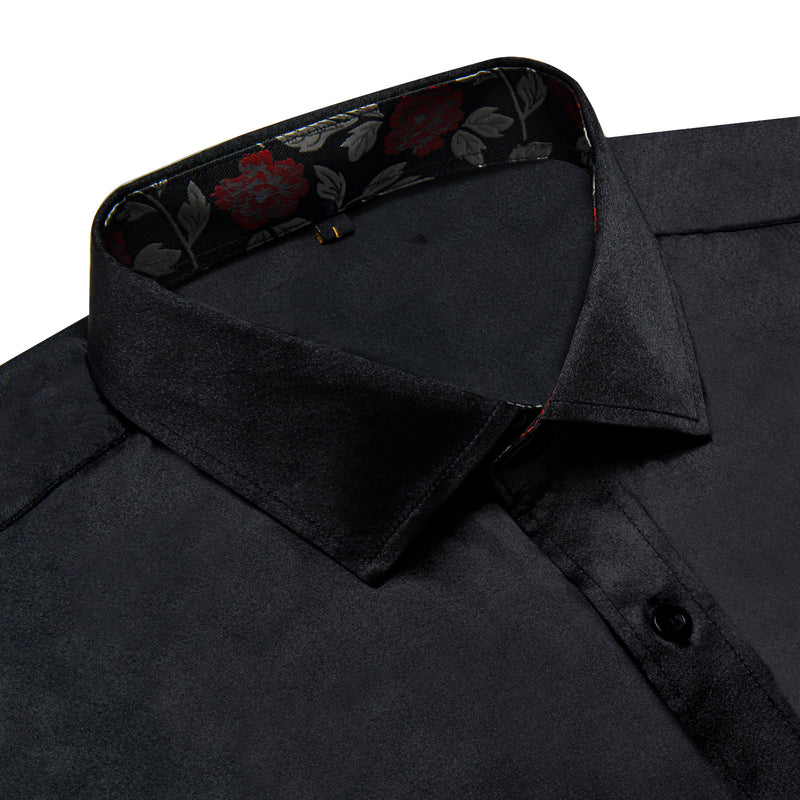 Black With White Floral Edge Men's Solid Dress Shirt shirt    - Sophisticated Gentlemen