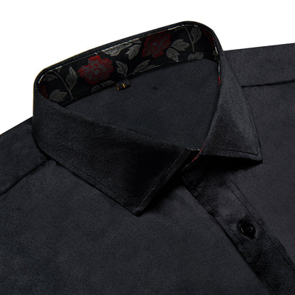 Black With White Floral Edge Men's Solid Dress Shirt shirt    - Sophisticated Gentlemen