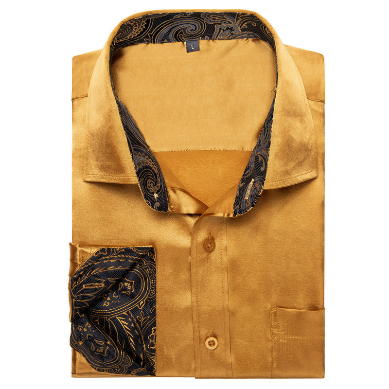 Golden With Black Paisley Edge Men's Solid Dress Shirt shirt    - Sophisticated Gentlemen