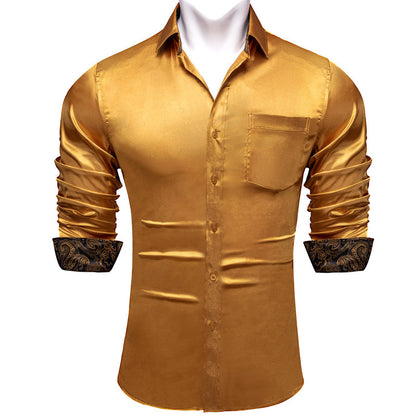 Golden With Black Paisley Edge Men's Solid Dress Shirt shirt S   - Sophisticated Gentlemen