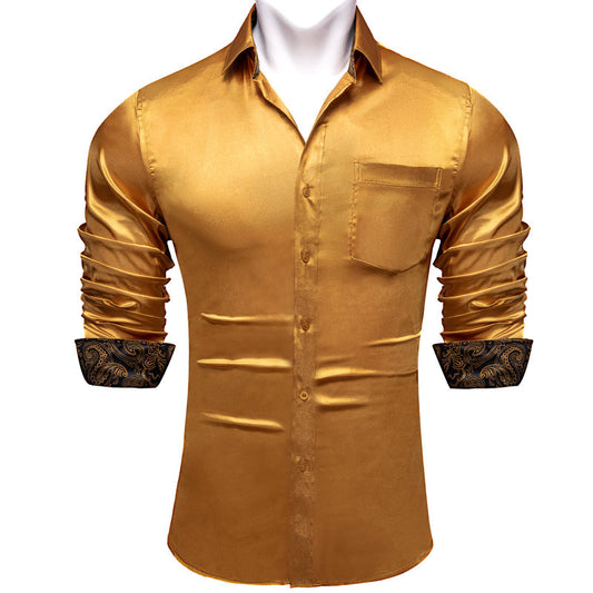 Golden With Black Paisley Edge Men's Solid Dress Shirt shirt S   - Sophisticated Gentlemen