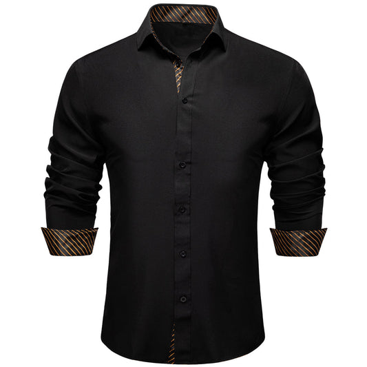 Black With Golden Striped Edge Men's Solid Dress Shirt shirt S   - Sophisticated Gentlemen