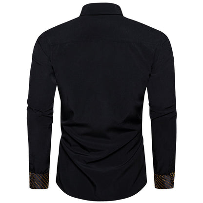 Black With Golden Striped Edge Men's Solid Dress Shirt shirt    - Sophisticated Gentlemen