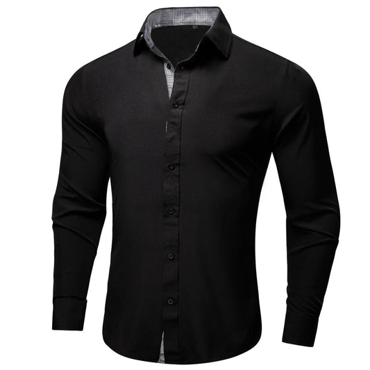 Black With Gray Plaid Edge Men's Solid Dress Shirt shirt S   - Sophisticated Gentlemen