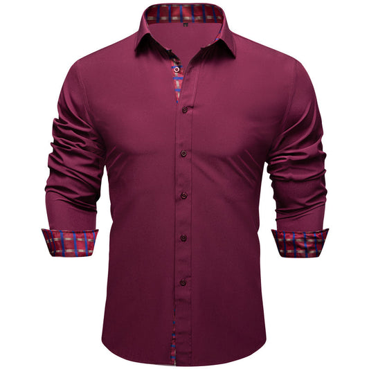 Burgundy Red With Red Plaid Edge Men's Solid Dress Shirt shirt S   - Sophisticated Gentlemen